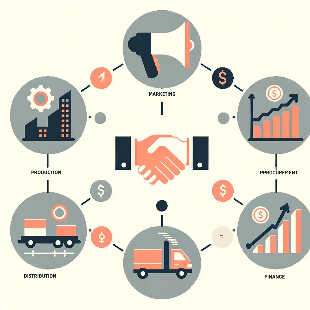 The image is an illustration representing various business functions in MonsoonSIM. At the center, there is an icon of two hands shaking, symbolizing partnership or collaboration. Surrounding this central icon are interconnected circular icons representing different business departments:
